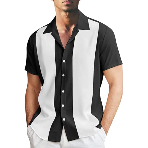 Bowling-Shirt für Herren, Vintage-Stil, kurzärmelig, Button-Down-Shirt, 1950er-Jahre-Stil, Rockabilly-Camp, Bowling-Shirts, lässiger Sommer (TYPE - 10, L) von SUIBOZ