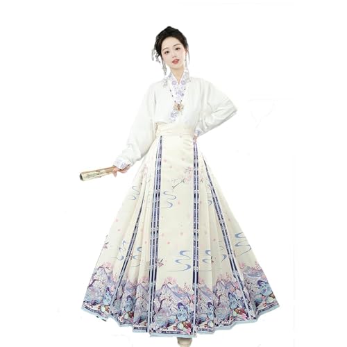 Chinesisches Damenkostüm, plissiert, Blumendruck, elegant, Vintage, Hanfu Mamianqun, Maxilänge, Swingrock, lässig, modisch, Han-Stil, Outfit (weißer Rock mit Pferdegesicht + oberes Kleidungsstück, S) Chinesisches Damenkostüm, plissiert, Blumendruck, elegant, Vintage, Hanfu Mamianqun, Maxilänge, Swingrock, lässig, modisch, Han-Stil, Outfit (weißer Rock mit Pferdegesicht + oberes Kleidungsstück, S) von SUIBOZ