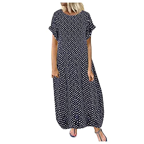 Damen Casual Sommer Übergröße Polka Dot Lange Maxikleider Lose Baggy Kurzarm Sonnenkleider mit Taschen (Blau, S) von SUIBOZ