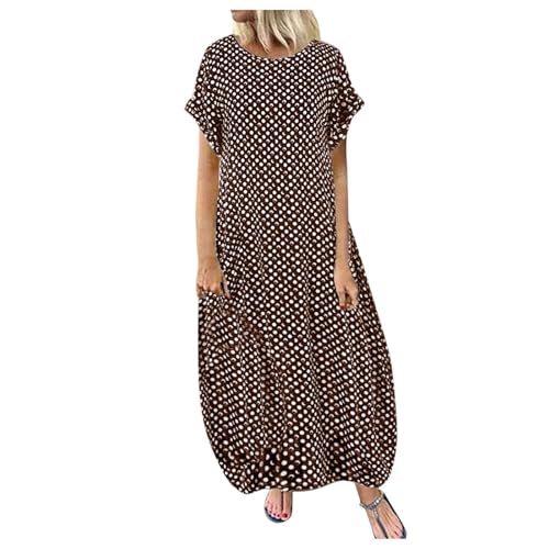 Damen Casual Sommer Übergröße Polka Dot Lange Maxikleider Lose Baggy Kurzarm Sonnenkleider mit Taschen (Braun, 4XL) von SUIBOZ