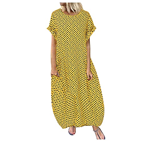Damen Casual Sommer Übergröße Polka Dot Lange Maxikleider Lose Baggy Kurzarm Sonnenkleider mit Taschen (Gelb, M) von SUIBOZ