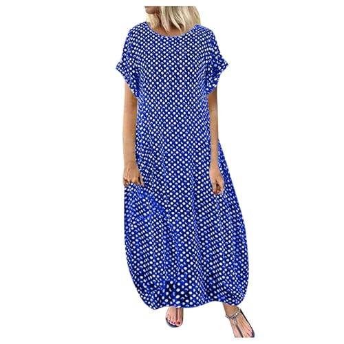 Damen Casual Sommer Übergröße Polka Dot Lange Maxikleider Lose Baggy Kurzarm Sonnenkleider mit Taschen (Himmelblau, M) von SUIBOZ