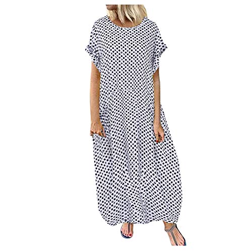 Damen Casual Sommer Übergröße Polka Dot Lange Maxikleider Lose Baggy Kurzarm Sonnenkleider mit Taschen (Weiß, L) von SUIBOZ