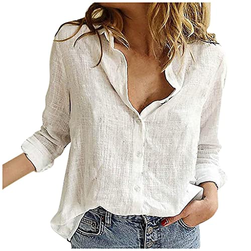 Damen Casual V-Ausschnitt Boho Blumendruck Roll Up Langarm Chiffon Button Down Blusen Bohemian Top Shirts (A_Weiß, L) von SUIBOZ