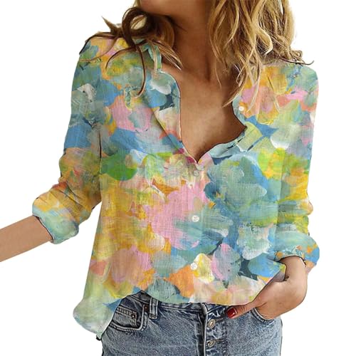 Damen Casual V-Ausschnitt Boho Blumendruck Roll Up Langarm Chiffon Button Down Blusen Bohemian Top Shirts (TYPE - 1, L) von SUIBOZ