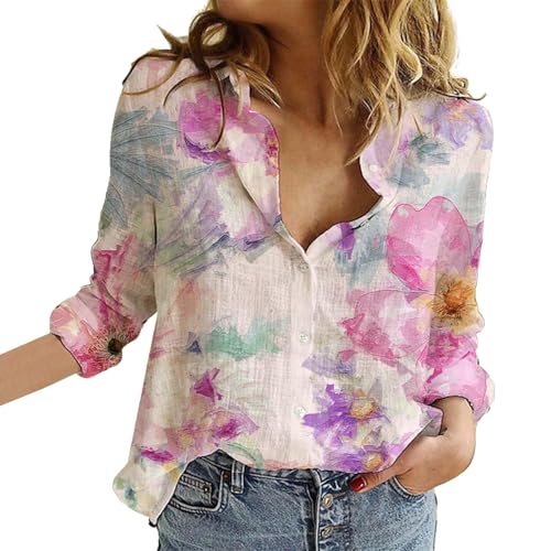 Damen Casual V-Ausschnitt Boho Blumendruck Roll Up Langarm Chiffon Button Down Blusen Bohemian Top Shirts (TYPE - 4, L) von SUIBOZ