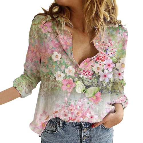 Damen Casual V-Ausschnitt Boho Blumendruck Roll Up Langarm Chiffon Button Down Blusen Bohemian Top Shirts (TYPE - 5, XL) von SUIBOZ