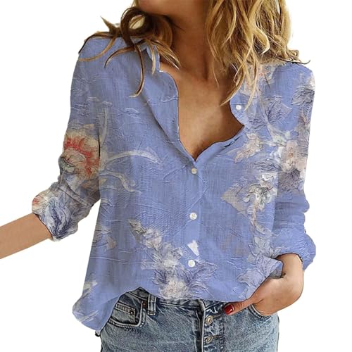 Damen Casual V-Ausschnitt Boho Blumendruck Roll Up Langarm Chiffon Button Down Blusen Bohemian Top Shirts (TYPE - 6, XXL) von SUIBOZ