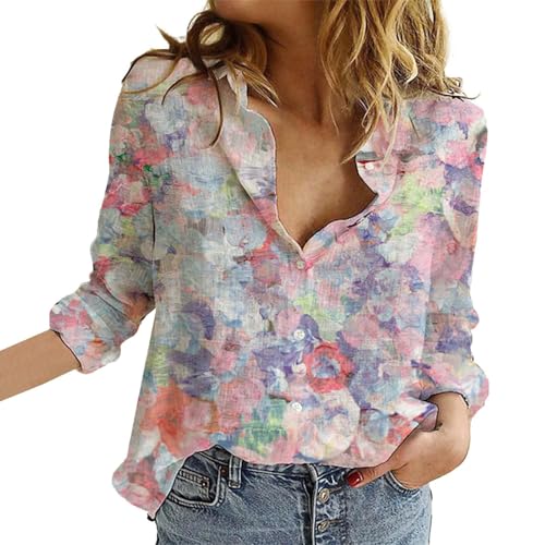 Damen Casual V-Ausschnitt Boho Blumendruck Roll Up Langarm Chiffon Button Down Blusen Bohemian Top Shirts (TYPE - 7, L) von SUIBOZ