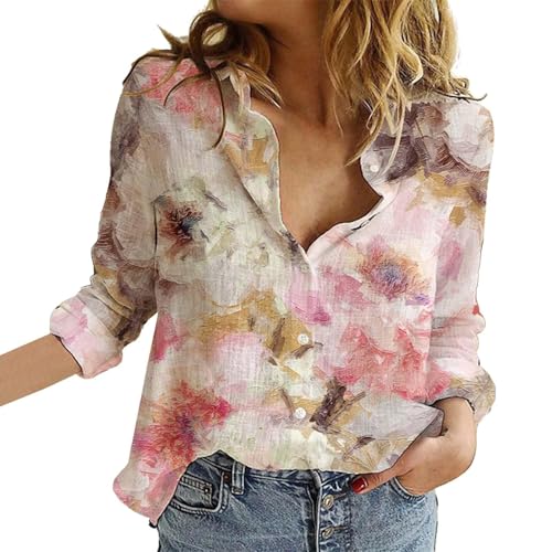 Damen Casual V-Ausschnitt Boho Blumendruck Roll Up Langarm Chiffon Button Down Blusen Bohemian Top Shirts (TYPE - 8, XXL) von SUIBOZ