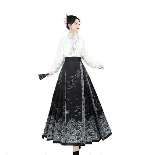 Damen Chinesisches Pferderock Kostüm Plissee Blumendruck Elegant Vintage Hanfu Mamianqun Maxilänge Swing Rock Casual Mode Han-Stil Outfit (Schwarzer Rock mit Pferdegesicht + Oberes Kleidungsstück, L) Damen Chinesisches Pferderock Kostüm Plissee Blumendruck Elegant Vintage Hanfu Mamianqun Maxilänge Swing Rock Casual Mode Han-Stil Outfit (Schwarzer Rock mit Pferdegesicht + Oberes Kleidungsstück, L) von SUIBOZ