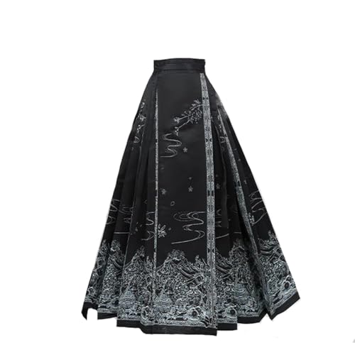Damen Chinesisches Pferderock Kostüm Plissee Blumendruck Elegant Vintage Hanfu Mamianqun Maxilänge Swing Rock Casual Mode Han-Stil Outfit (Schwarzes Pferdesichtrock, M) von SUIBOZ