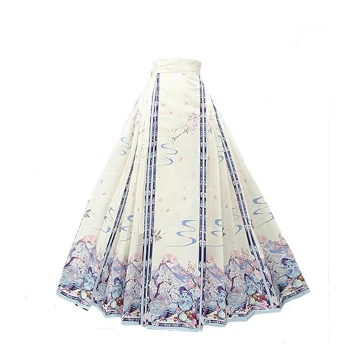 Damen Chinesisches Pferderock Kostüm Plissee Blumendruck Elegant Vintage Hanfu Mamianqun Maxilänge Swing Rock Casual Mode Han-Stil Outfit (Weißes Pferdesichtrock, M) von SUIBOZ
