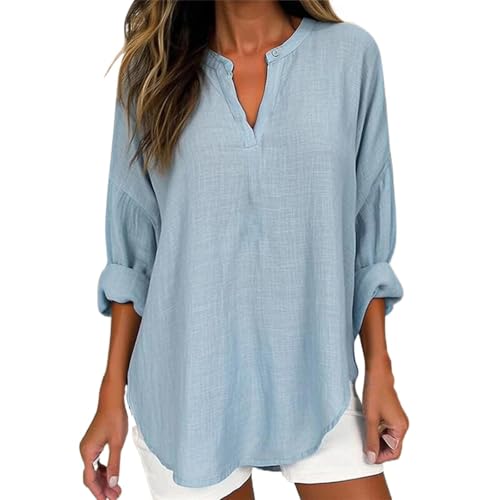 Damen-Hemd, Übergröße, Baumwoll-Leinen, lässig, Frühling, Sommer, lockerer V-Ausschnitt, Knopfleiste, gerolltes Langarm-Shirt, Tunika, Tops (Blau, Größe 5XL) von SUIBOZ