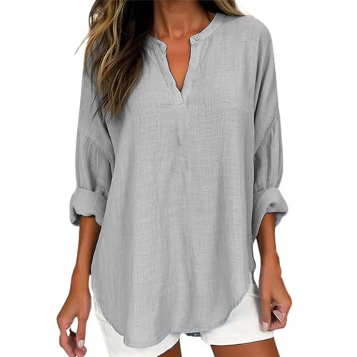 Damen-Hemd, Übergröße, Baumwoll-Leinen, lässig, Frühling, Sommer, lockerer V-Ausschnitt, Knopfleiste, gerolltes Langarm-Shirt, Tunika, Tops (grau, S) von SUIBOZ
