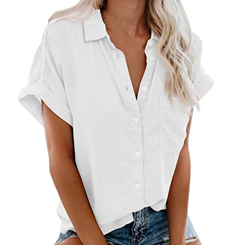 Damen-Hemdbluse mit Brusttasche, lockere Passform, einfarbig, Knopfleiste, kurze Ärmel, Revers, Weiß, Größe 3XL Damen-Hemdbluse mit Brusttasche, lockere Passform, einfarbig, Knopfleiste, kurze Ärmel, Revers, Weiß, Größe 3XL von SUIBOZ