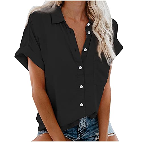 Damen-Hemdbluse mit Brusttasche, lockere Passform, einfarbig, Knopfleiste, kurze Ärmel, Revers, schwarz, Größe L Damen-Hemdbluse mit Brusttasche, lockere Passform, einfarbig, Knopfleiste, kurze Ärmel, Revers, schwarz, Größe L von SUIBOZ