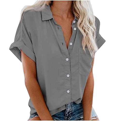 Damen-Hemdbluse mit Brusttasche, lockere Passform, einfarbig, mit Knopfleiste, schulterfrei, kurzärmelig, Revers, Grau, Größe S Damen-Hemdbluse mit Brusttasche, lockere Passform, einfarbig, mit Knopfleiste, schulterfrei, kurzärmelig, Revers, Grau, Größe S von SUIBOZ
