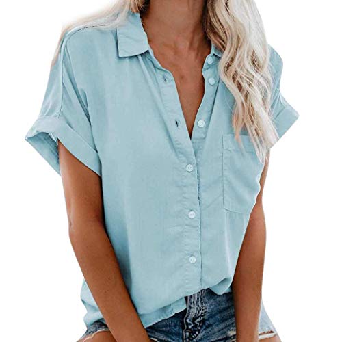 Damen-Hemdbluse mit Brusttasche, lockere Passform, einfarbig, mit Knopfleiste, schulterfrei, kurzärmelig, Revers, Hellblau, Größe XL Damen-Hemdbluse mit Brusttasche, lockere Passform, einfarbig, mit Knopfleiste, schulterfrei, kurzärmelig, Revers, Hellblau, Größe XL von SUIBOZ