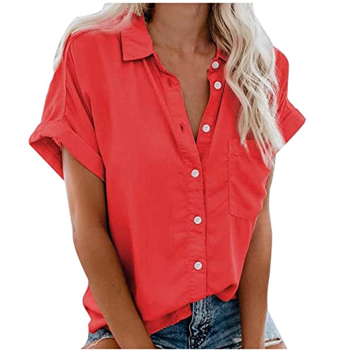 Damen-Hemdbluse mit Knopfleiste, lockere Passform, einfarbig, mit Brusttasche, schulterfrei, kurze Ärmel, Revers, Rot, Größe M Damen-Hemdbluse mit Knopfleiste, lockere Passform, einfarbig, mit Brusttasche, schulterfrei, kurze Ärmel, Revers, Rot, Größe M von SUIBOZ