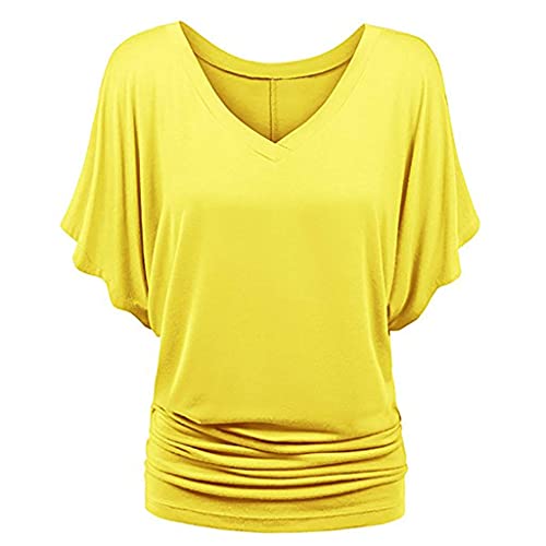 Damen-Oberteil mit U-Ausschnitt, halblange Ärmel, Fledermausärmel, Fledermausärmel, lockere Bluse, einfarbig, Gelb, Größe 3XL Damen-Oberteil mit U-Ausschnitt, halblange Ärmel, Fledermausärmel, Fledermausärmel, lockere Bluse, einfarbig, Gelb, Größe 3XL von SUIBOZ
