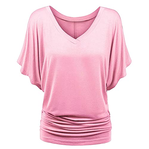 Damen-Oberteil mit U-Ausschnitt, halblange Ärmel, Fledermausärmel, Fledermausärmel, lockere Bluse, einfarbig, Rosa, Größe 3XL Damen-Oberteil mit U-Ausschnitt, halblange Ärmel, Fledermausärmel, Fledermausärmel, lockere Bluse, einfarbig, Rosa, Größe 3XL von SUIBOZ