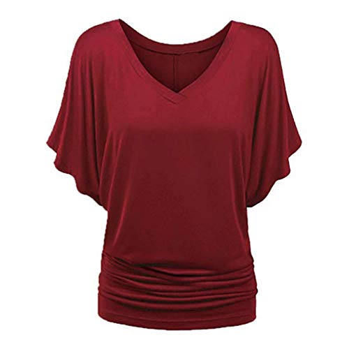 Damen-Oberteil mit U-Ausschnitt, halblange Ärmel, Fledermausärmel, Fledermausärmel, lockere Bluse, einfarbig, Weinrot, Größe 3XL Damen-Oberteil mit U-Ausschnitt, halblange Ärmel, Fledermausärmel, Fledermausärmel, lockere Bluse, einfarbig, Weinrot, Größe 3XL von SUIBOZ