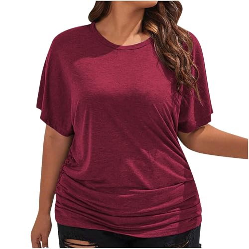 Damen-Oberteil mit U-Ausschnitt, halblange Ärmel, Fledermausärmel, Fledermausärmel, lockere Bluse, einfarbig, Weinrot, Größe 4XL Damen-Oberteil mit U-Ausschnitt, halblange Ärmel, Fledermausärmel, Fledermausärmel, lockere Bluse, einfarbig, Weinrot, Größe 4XL von SUIBOZ