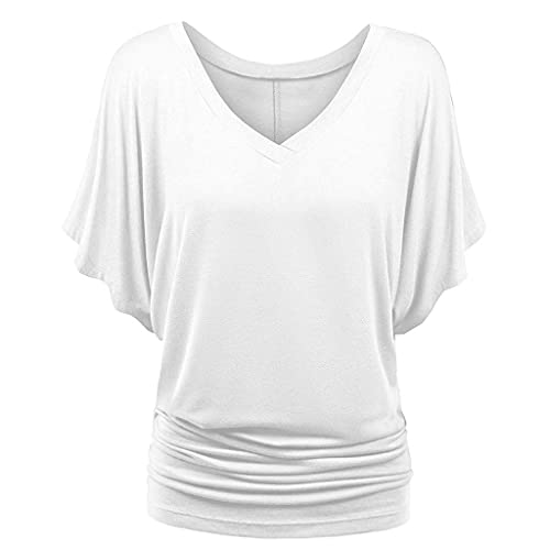 Damen-Oberteil mit U-Ausschnitt, halblange Ärmel, Fledermausärmel, Fledermausärmel, lockere Bluse, einfarbig, Weiß, Größe 3XL Damen-Oberteil mit U-Ausschnitt, halblange Ärmel, Fledermausärmel, Fledermausärmel, lockere Bluse, einfarbig, Weiß, Größe 3XL von SUIBOZ