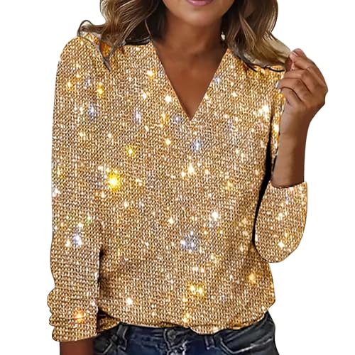 Damen-Pailletten-Top, glitzernd, langärmelig, Blusen, schimmernd, Glitzer, Sweatshirt, Party, Rundhalsausschnitt, lockere Passform, Sommer-Top (Gold, L) von SUIBOZ