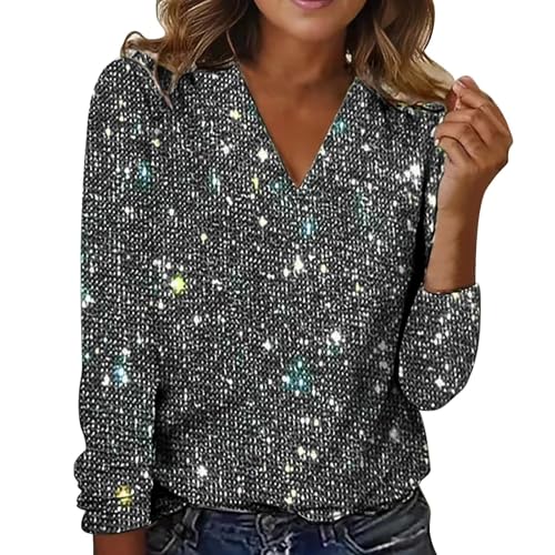Damen-Pailletten-Top, glitzernd, langärmelig, Blusen, schimmernd, Glitzer, Sweatshirt, Party, Rundhalsausschnitt, lockere Passform, Sommer-Top (Grau, M) von SUIBOZ