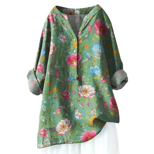 Damen-Shirt, Übergröße, Baumwoll-Leinen, Knopfleiste, Sommerbluse, aufrollbare Ärmel, Oberteil, Tunika, trendiger Boho, Damenkleidung (Typ - 10, L) von SUIBOZ