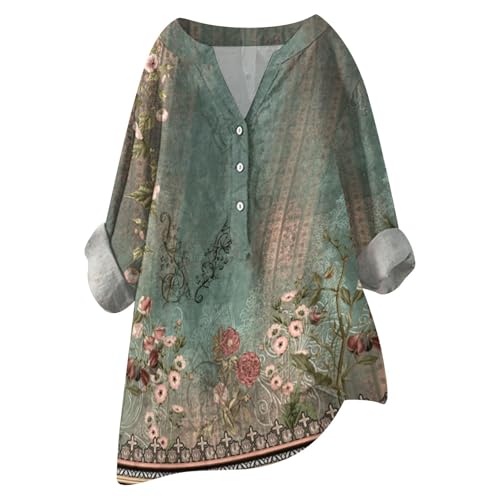 Damen-Shirt, Übergröße, Baumwoll-Leinen, Knopfleiste, Sommerbluse, aufrollbare Ärmel, Tops, Tunika, trendig, Boho, Damenbekleidung (Typ - 1, 5XL) von SUIBOZ