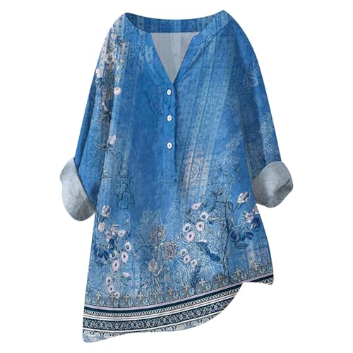 Damen-Shirt, Übergröße, Baumwoll-Leinen, Knopfleiste, Sommerbluse, aufrollbare Ärmel, Tops, Tunika, trendig, Boho, Damenbekleidung (Typ - 2, 4XL) von SUIBOZ