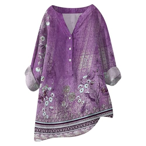 Damen-Shirt, Übergröße, Baumwoll-Leinen, Knopfleiste, Sommerbluse, aufrollbare Ärmel, Tops, Tunika, trendig, Boho, Damenbekleidung (Typ - 5, 5XL) von SUIBOZ