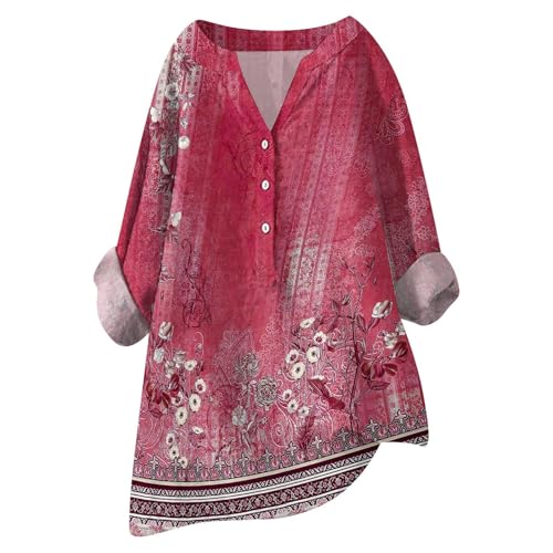 Damen-Shirt, Übergröße, Baumwoll-Leinen, Knopfleiste, Sommerbluse, aufrollbare Ärmel, Tops, Tunika, trendig, Boho, Damenbekleidung (Typ - 6, XL) von SUIBOZ