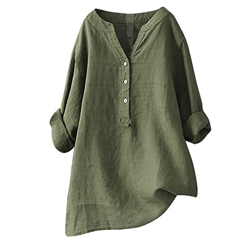 Damen-Shirt, Übergröße, Baumwoll-Leinen, Knopfleiste, Sommerbluse, aufrollbare Ärmel, Tops, Tunika, trendig, Boho, Damenkleidung (TYPE - 1, 5XL) von SUIBOZ