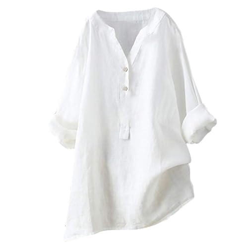 Damen-Shirt, Übergröße, Baumwoll-Leinen, Knopfleiste, Sommerbluse, aufrollbare Ärmel, Tops, Tunika, trendig, Boho, Damenkleidung (TYPE - 10, L) von SUIBOZ