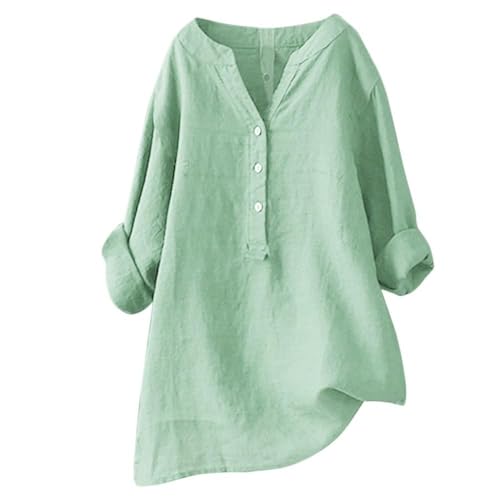 Damen-Shirt, Übergröße, Baumwoll-Leinen, Knopfleiste, Sommerbluse, aufrollbare Ärmel, Tops, Tunika, trendig, Boho, Damenkleidung (TYPE - 13, L) von SUIBOZ