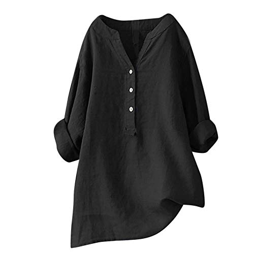 Damen-Shirt, Übergröße, Baumwoll-Leinen, Knopfleiste, Sommerbluse, aufrollbare Ärmel, Tops, Tunika, trendig, Boho, Damenkleidung (TYPE - 14, L) von SUIBOZ
