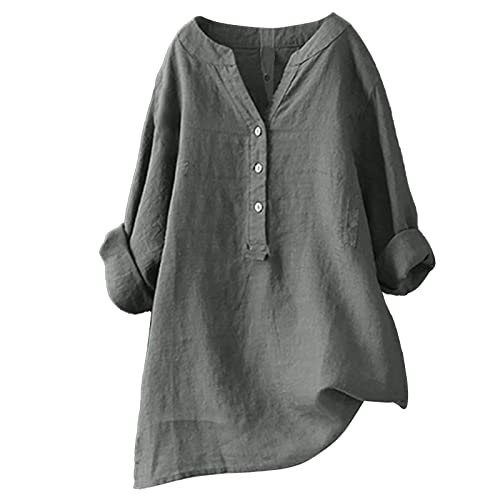 Damen-Shirt, Übergröße, Baumwoll-Leinen, Knopfleiste, Sommerbluse, aufrollbare Ärmel, Tops, Tunika, trendig, Boho, Damenkleidung (TYPE - 16, L) von SUIBOZ