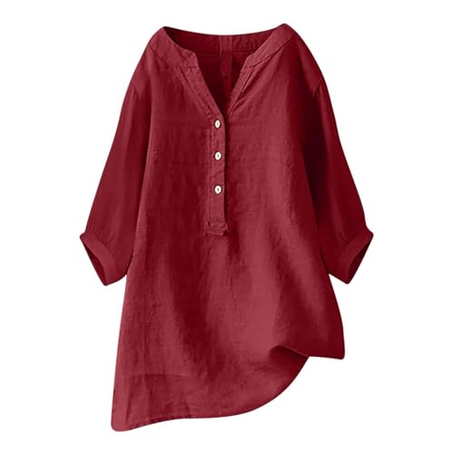 Damen-Shirt, Übergröße, Baumwoll-Leinen, Knopfleiste, Sommerbluse, aufrollbare Ärmel, Tops, Tunika, trendig, Boho, Damenkleidung (TYPE - 17, L) von SUIBOZ