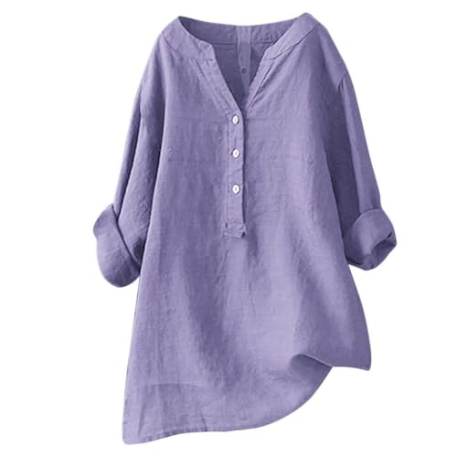 Damen-Shirt, Übergröße, Baumwoll-Leinen, Knopfleiste, Sommerbluse, aufrollbare Ärmel, Tops, Tunika, trendig, Boho, Damenkleidung (TYPE - 20, 4XL) von SUIBOZ