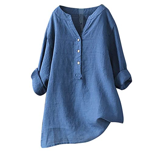 Damen-Shirt, Übergröße, Baumwoll-Leinen, Knopfleiste, Sommerbluse, aufrollbare Ärmel, Tops, Tunika, trendig, Boho, Damenkleidung (TYPE - 22, L) von SUIBOZ