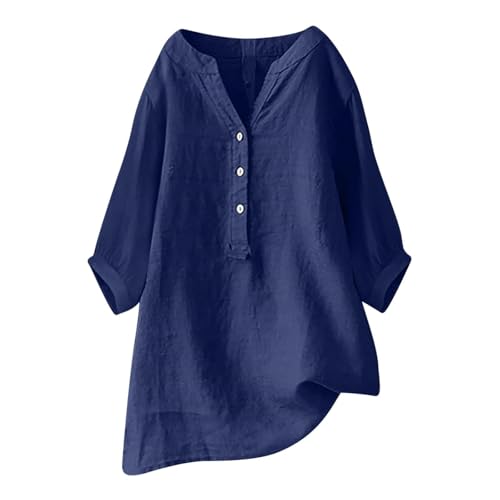 Damen-Shirt, Übergröße, Baumwoll-Leinen, Knopfleiste, Sommerbluse, aufrollbare Ärmel, Tops, Tunika, trendig, Boho, Damenkleidung (TYPE - 23, 5XL) von SUIBOZ