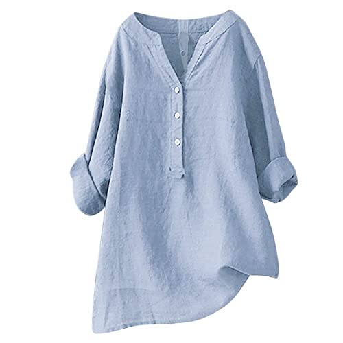 Damen-Shirt, Übergröße, Baumwoll-Leinen, Knopfleiste, Sommerbluse, aufrollbare Ärmel, Tops, Tunika, trendig, Boho, Damenkleidung (TYPE - 25, 4XL) von SUIBOZ