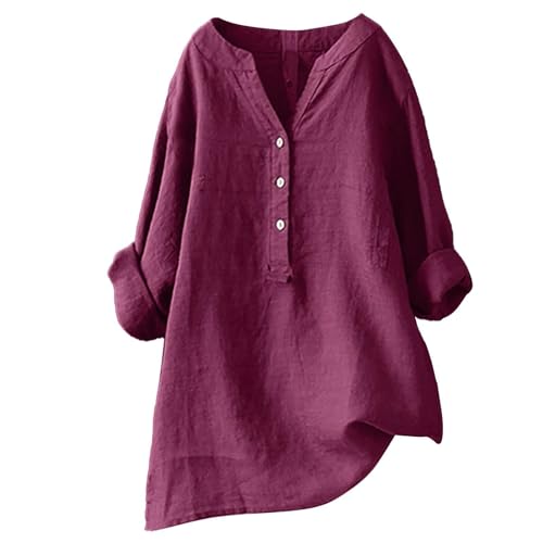 Damen-Shirt, Übergröße, Baumwoll-Leinen, Knopfleiste, Sommerbluse, aufrollbare Ärmel, Tops, Tunika, trendig, Boho, Damenkleidung (TYPE - 9, 5XL) von SUIBOZ