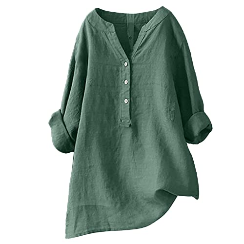 Damen-Shirt, Übergröße, Baumwoll-Leinen, Knopfleiste, Sommerbluse, aufrollbare Ärmel, Tunika, trendig, Boho, Damenkleidung (TYPE - 12, S) von SUIBOZ