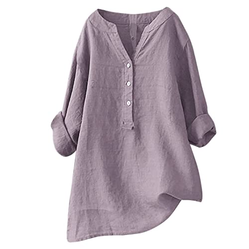 Damen-Shirt, Übergröße, Baumwoll-Leinen, Knopfleiste, Sommerbluse, aufrollbare Ärmel, Tunika, trendig, Boho, Damenkleidung (TYPE - 21, XL) von SUIBOZ
