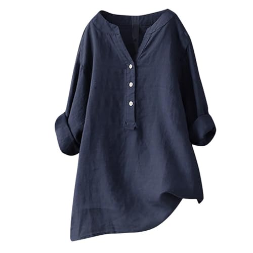 Damen-Shirt, Übergröße, Baumwoll-Leinen, Knopfleiste, Sommerbluse, aufrollbare Ärmel, Tunika, trendig, Boho, Damenkleidung (TYPE - 24, S) von SUIBOZ